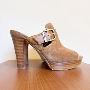 UGG Suede Platform Mules Tan Heeled Clogs 6.5 – 5” Heel Retro Chic